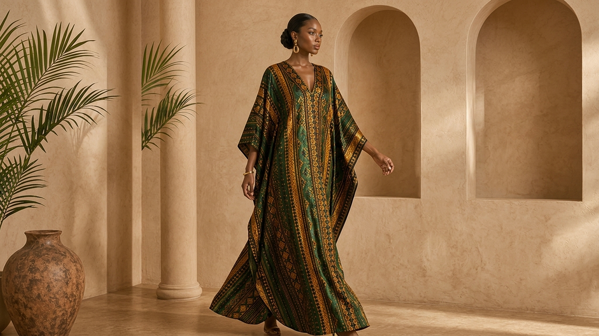 Editorial movement view of the Zola Kaftan Dress